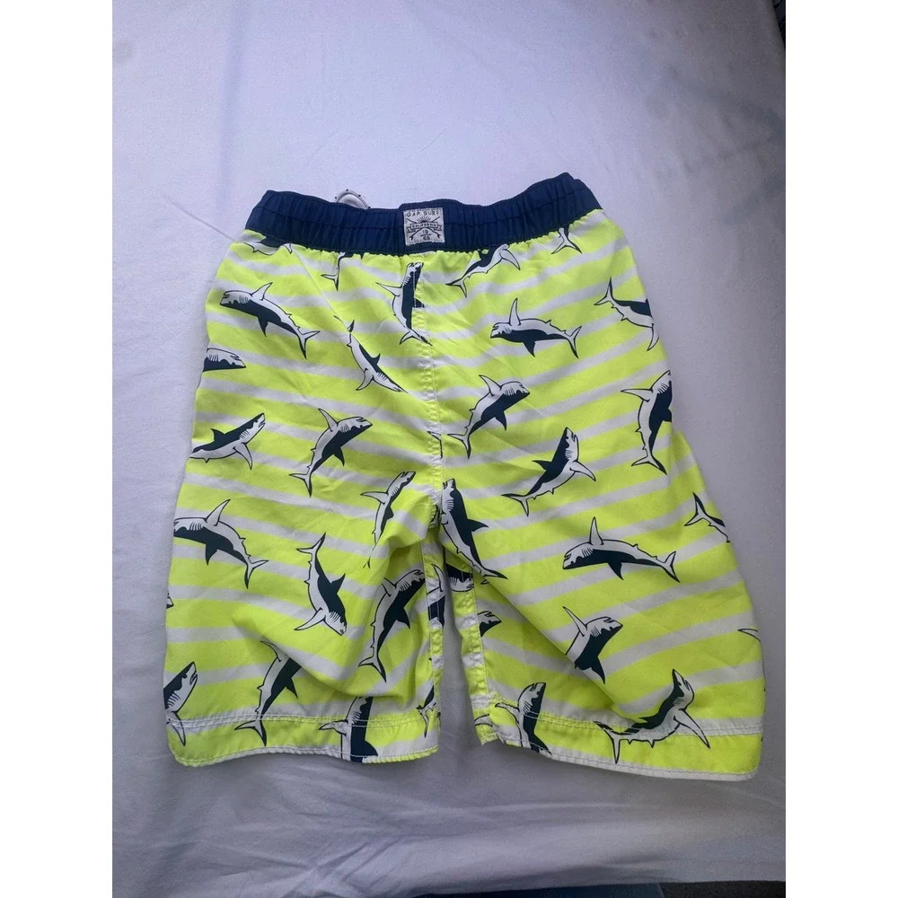 Gap Kids Boys Shark Print Swim Trunks Safety Yellow Striped XL 12 Beach vacation